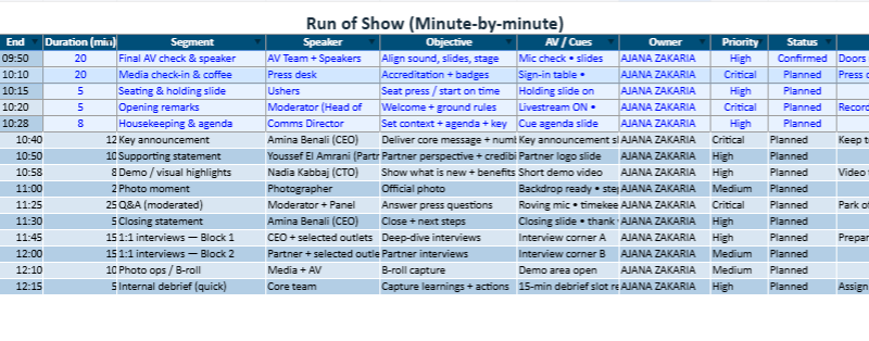 Press Conference Schedule Template in Excel