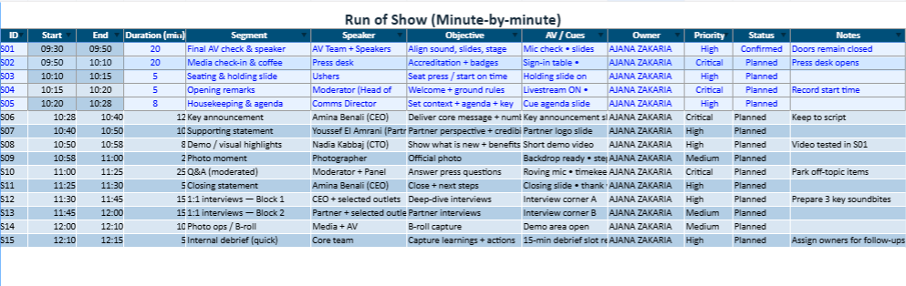 Press Conference Schedule Template in Excel