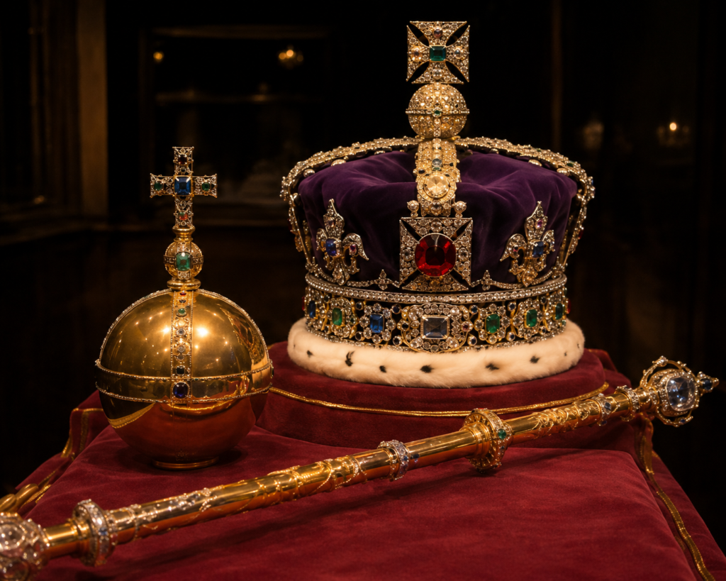 majestic composition of the British Crown Jewels arranged upon deep crimson velvet inside a dimly lit ceremonial setting