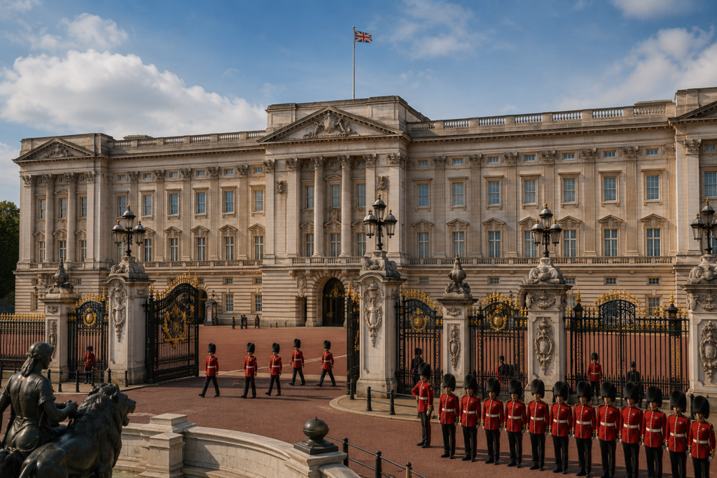 majestic view of Buckingham Palace unfolds behind ornate black-and-gold royal gates as the King’s Guards stand