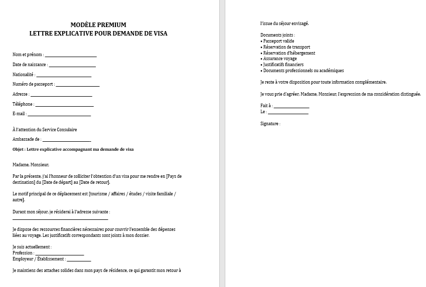 MODÈLE PREMIUM
LETTRE EXPLICATIVE POUR DEMANDE DE VISA
